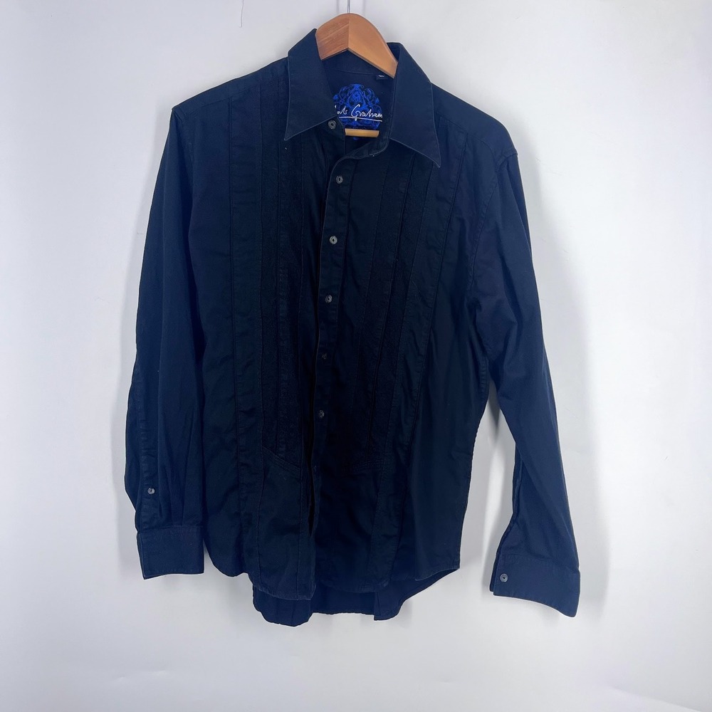 Robert Graham Mens Black Embroidered Pleated Front Button Down Shirt Size L